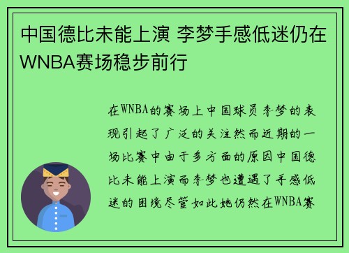 中国德比未能上演 李梦手感低迷仍在WNBA赛场稳步前行